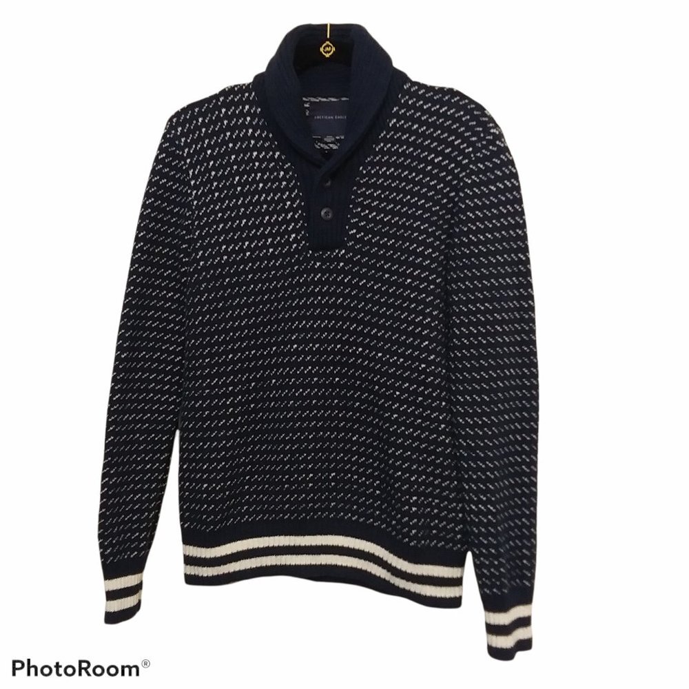 American Eagle Sweater‎ Womens Small Dark Blue White Collared Button Pullover